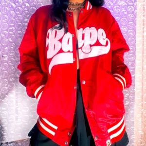Bape Red Satin Baseball Jacket